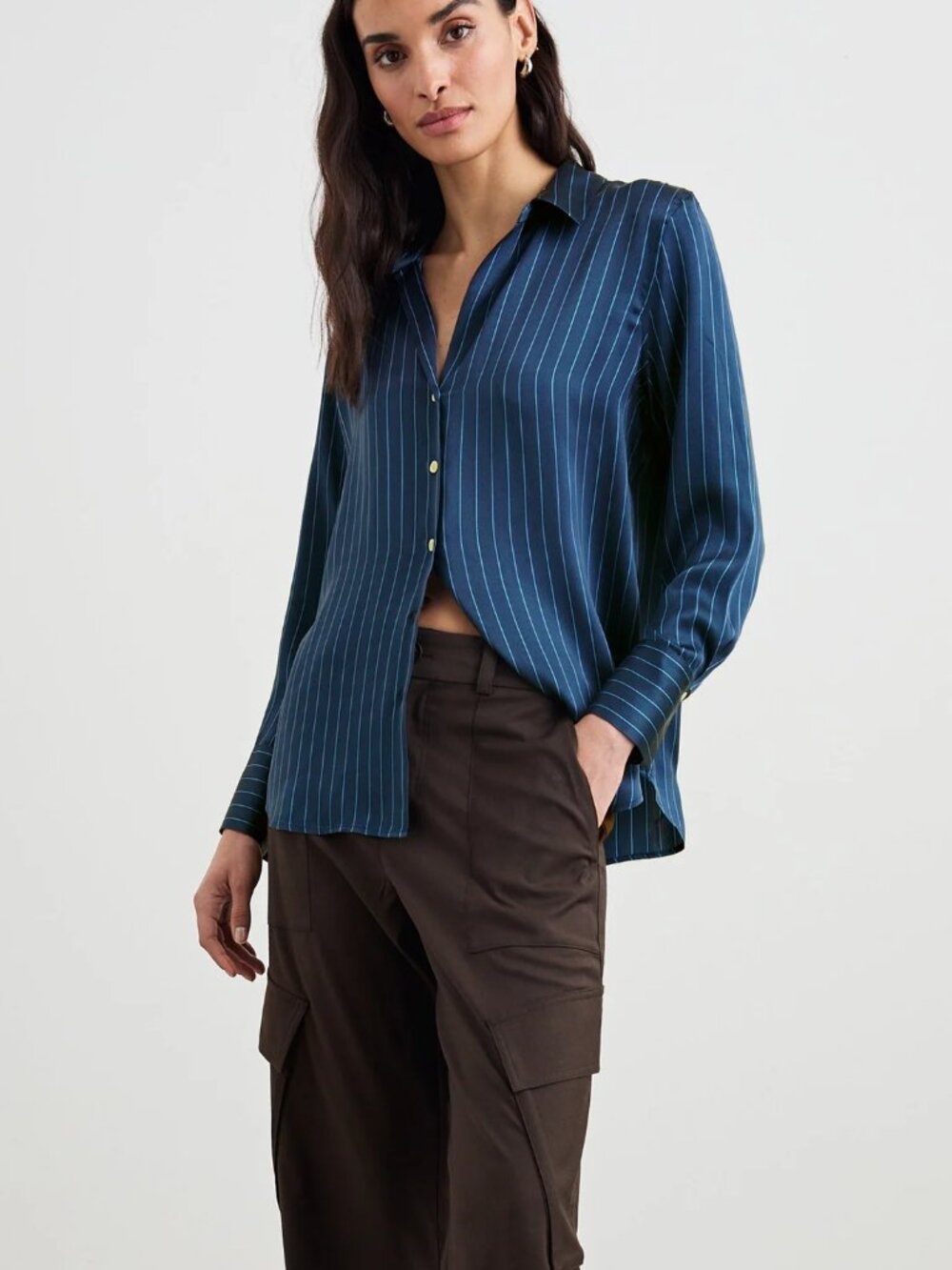 RAILS Dorian 100% Silk Shirt Button Front V-Neck Arctic Stripe Blue Womens Small